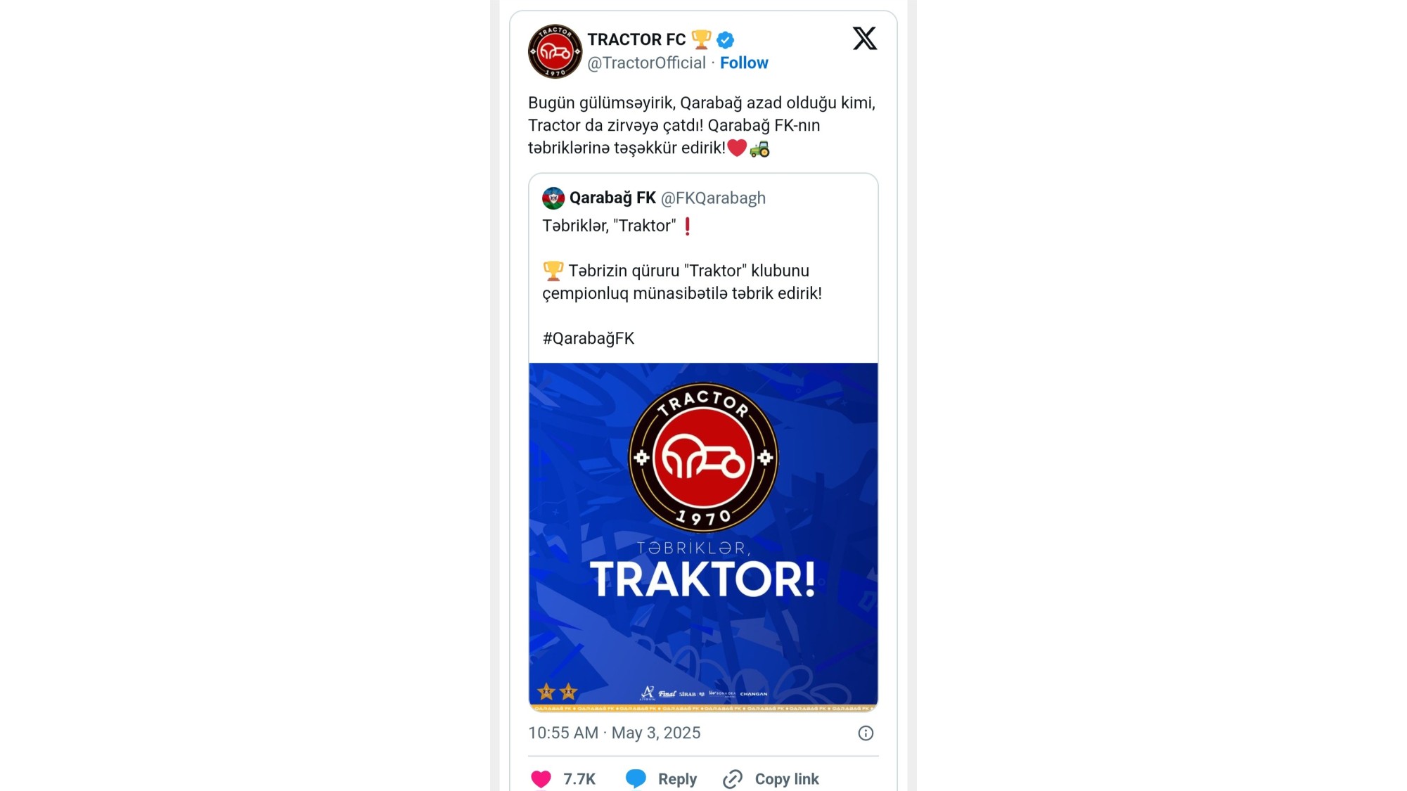 "Traktor"dan paylaşım: "Bu gün gülümsəyirik, Qarabağ azad olduğu kimi, "Traktor" da zirvəyə çatdı!" - Foto