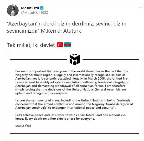 "Azərbaycanın ərazisindən işğalçı ermənilər çıxarılmalıdır!" - Mesut Özilin tələbi