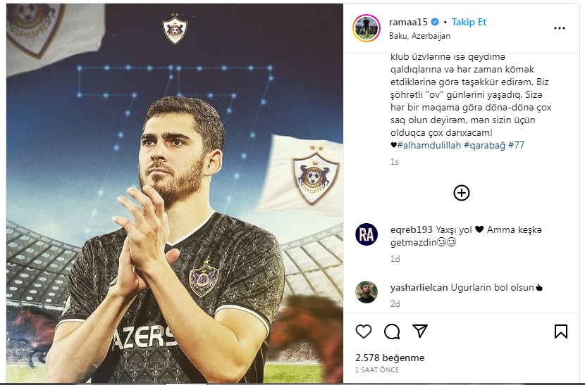 Ramil Şeydayev "Qarabağ"la vidalaşdı: "Sizin üçün çox darıxacağam"